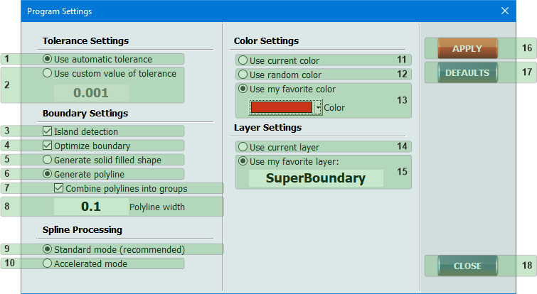 SuperBoundary program settings dialog box SuperBoundary program settings dialog box